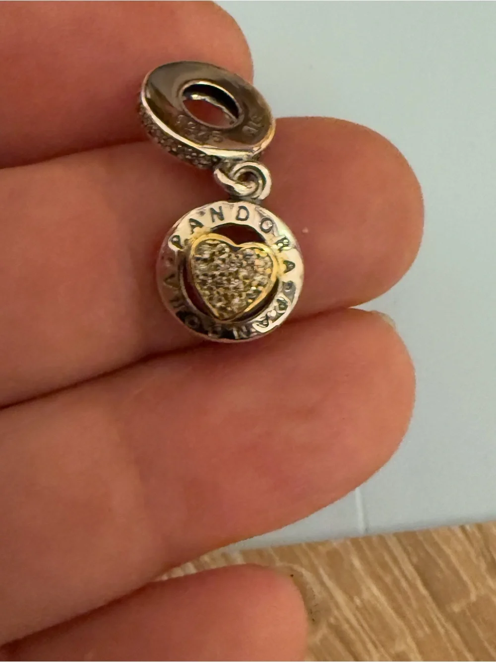 Pandora Two-Tone Heart Dangle Charm in Silver and Gold - Picture 4 of 11